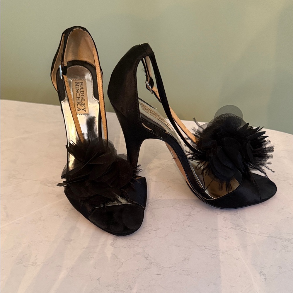 Badgley Mischka Black Satin Heels with Black Floral Accent